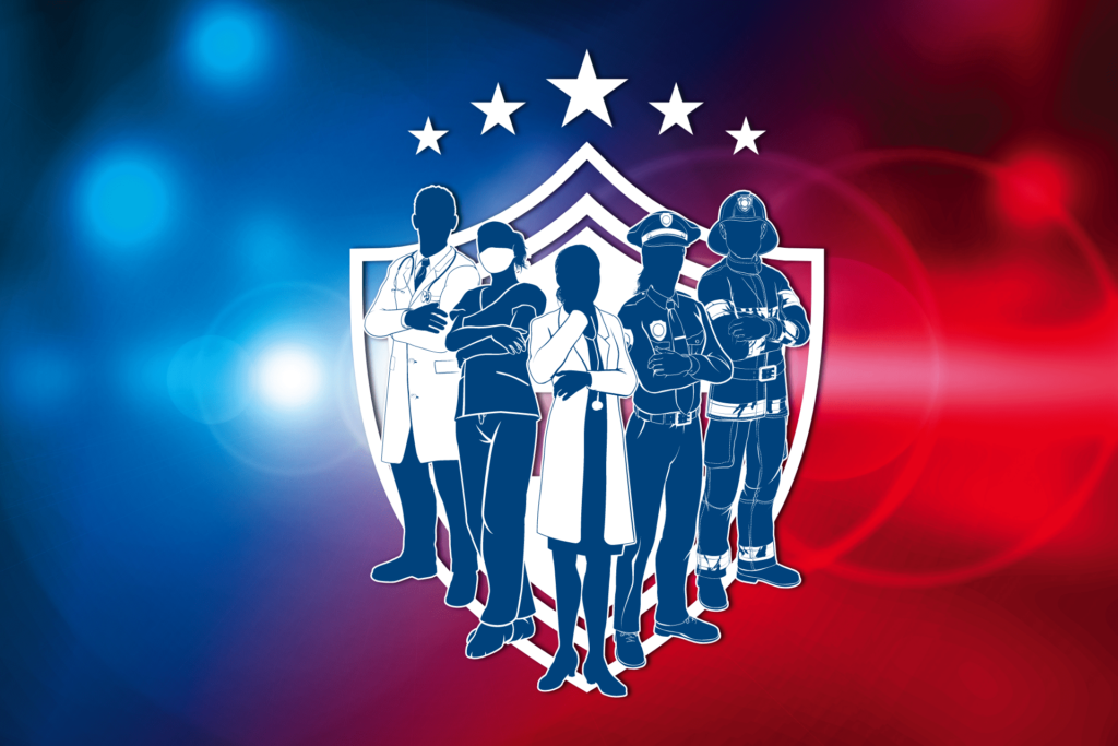 Illustration of first responders over a blue and red background