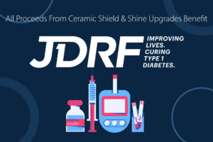 Graphic with the JDRF logo and diabetes care items