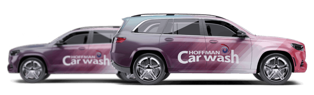 Two Vehicles with Hoffman Car Wash logos parked in opposite directions