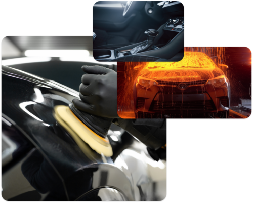 three images showing car washing, vacuuming, and hand waxing